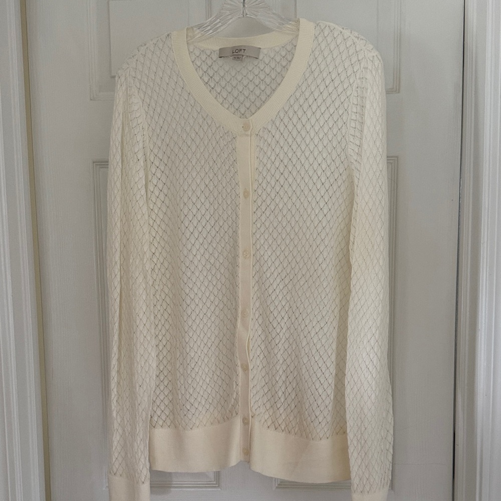 LOFT Women's Ivory Cotton Cardigan Sweater Size XL